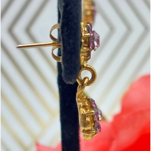 Tiny Minimalist Gold Tone & Purple Crystal Drop Dangle Floral Earrings Sparkle - Picture 7 of 9
